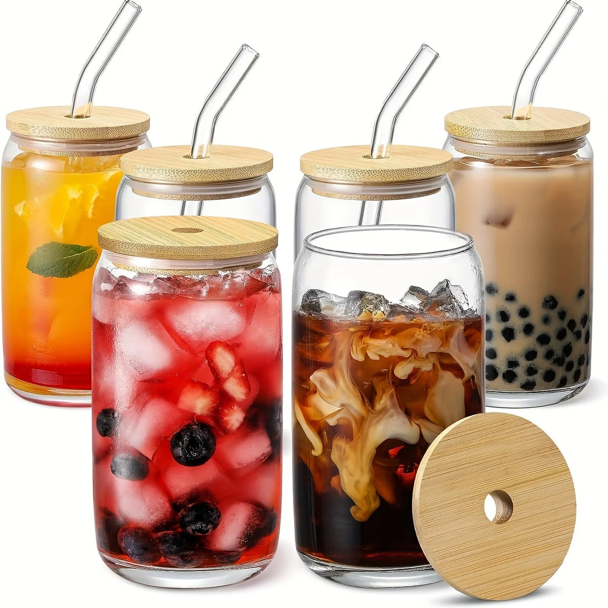 16oz Can Shaped Drinking Glasses with Bamboo Lids and Glass Straws W787238
