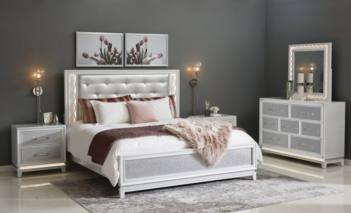 King 5-Piece Bedroom Set with LED Lights, Tufted Bed, Dresser, Mirror, and 2 Nightstands in Pearlized White M65742