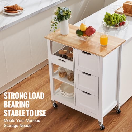 White 26 inch Rolling Kitchen Island Cart with 3 Drawers and Shelves K12249