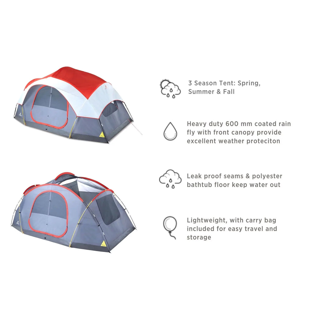 8 Person 3 Season Dome Tent with Room Divider and Rainfly, Red N710126