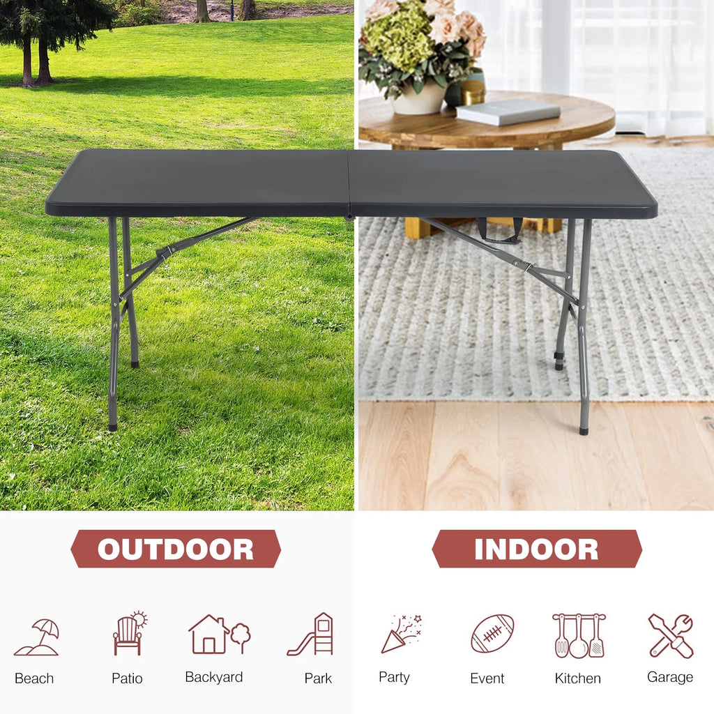 6ft Black Plastic Folding Table with Carrying Handle M19329