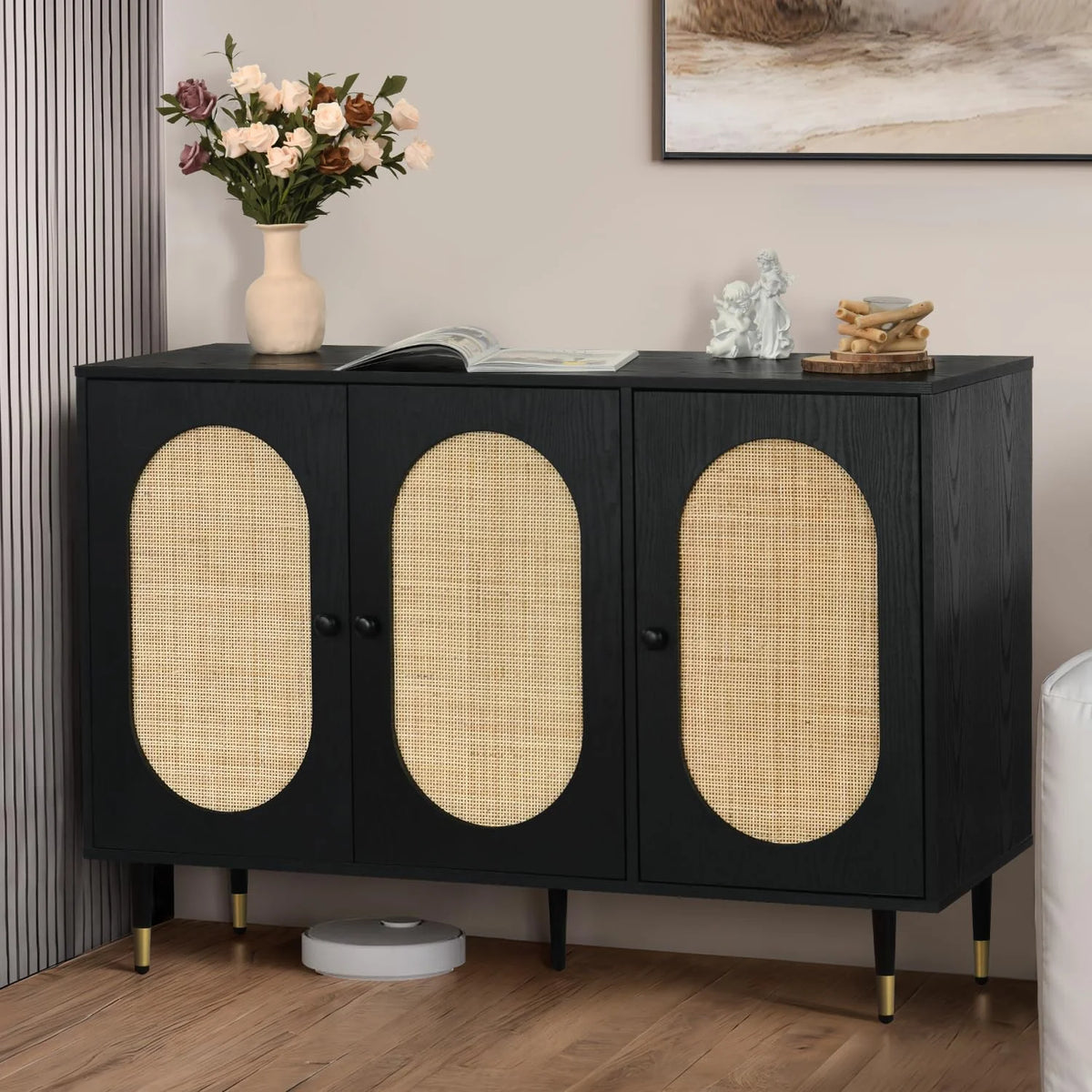 Black Rattan Sideboard Cabinet L695