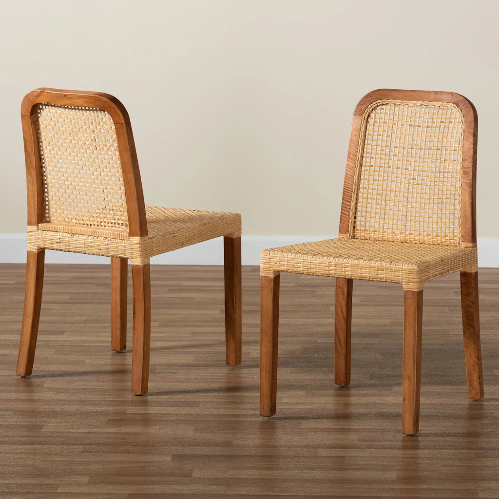Walnut Brown Wood and Natural Rattan 2-Piece Dining Chair Set C18583
