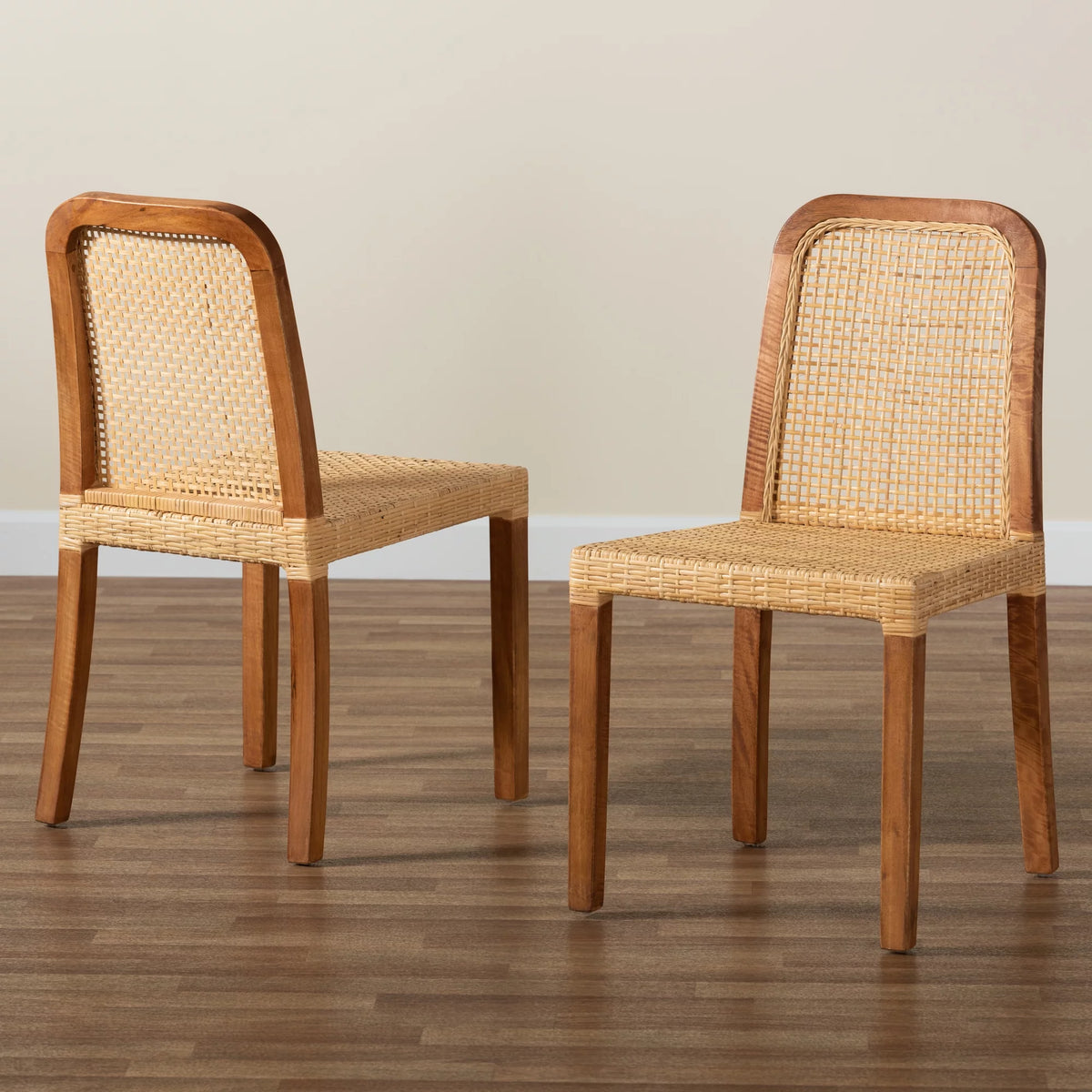 Walnut Brown Wood and Natural Rattan 2-Piece Dining Chair Set C18583