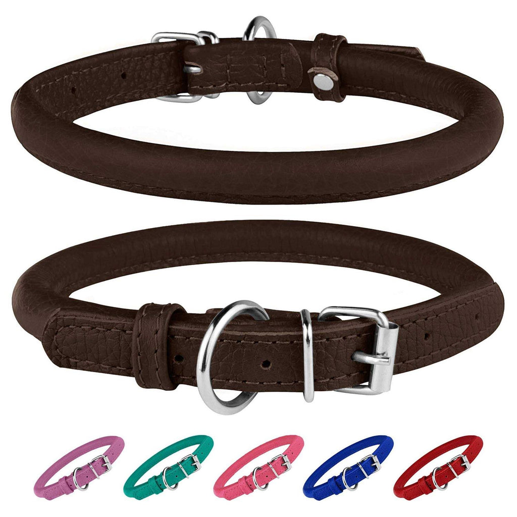 Rolled Leather Dog Collar with QR ID Dog Tag Y422