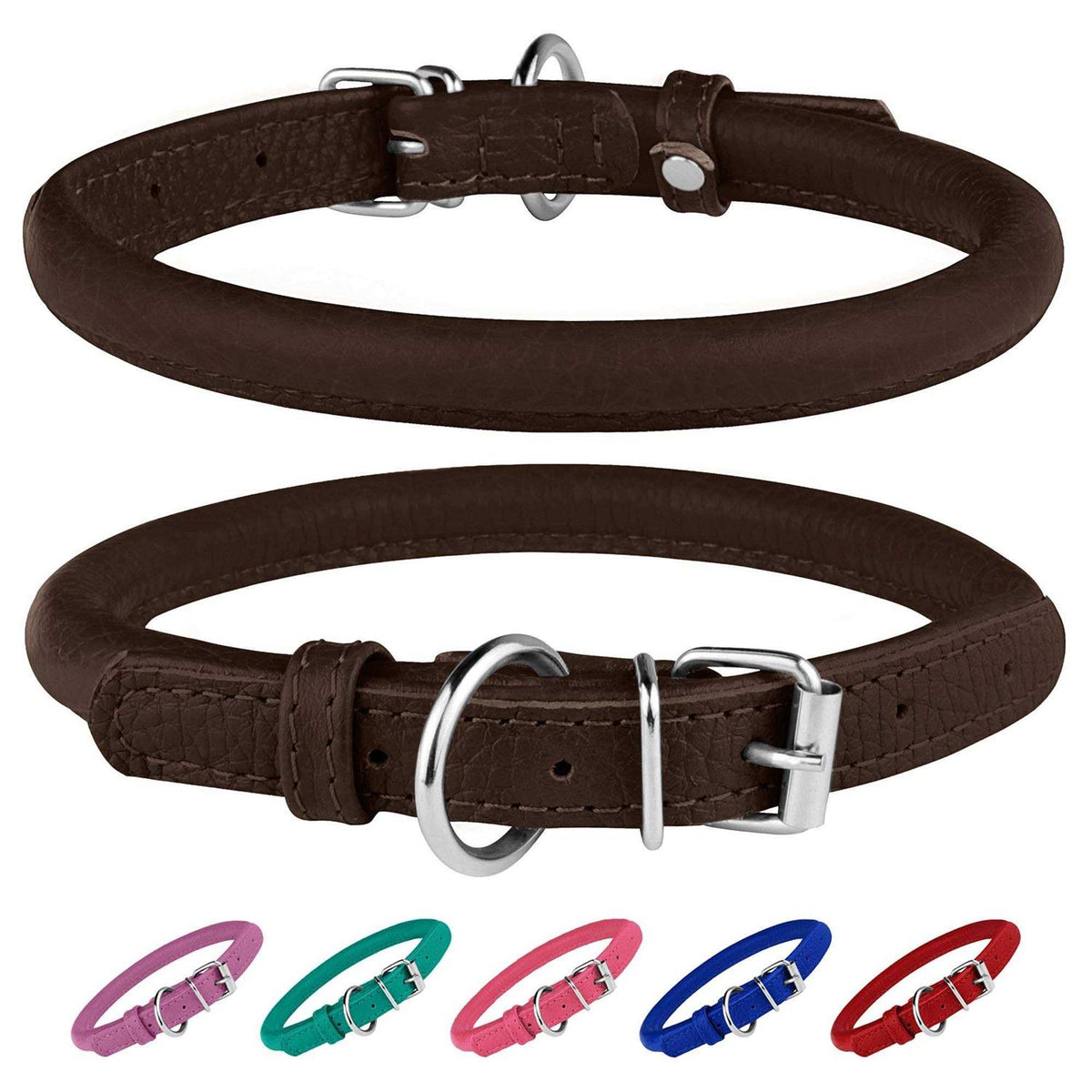 Rolled Leather Dog Collar with QR ID Dog Tag Y422