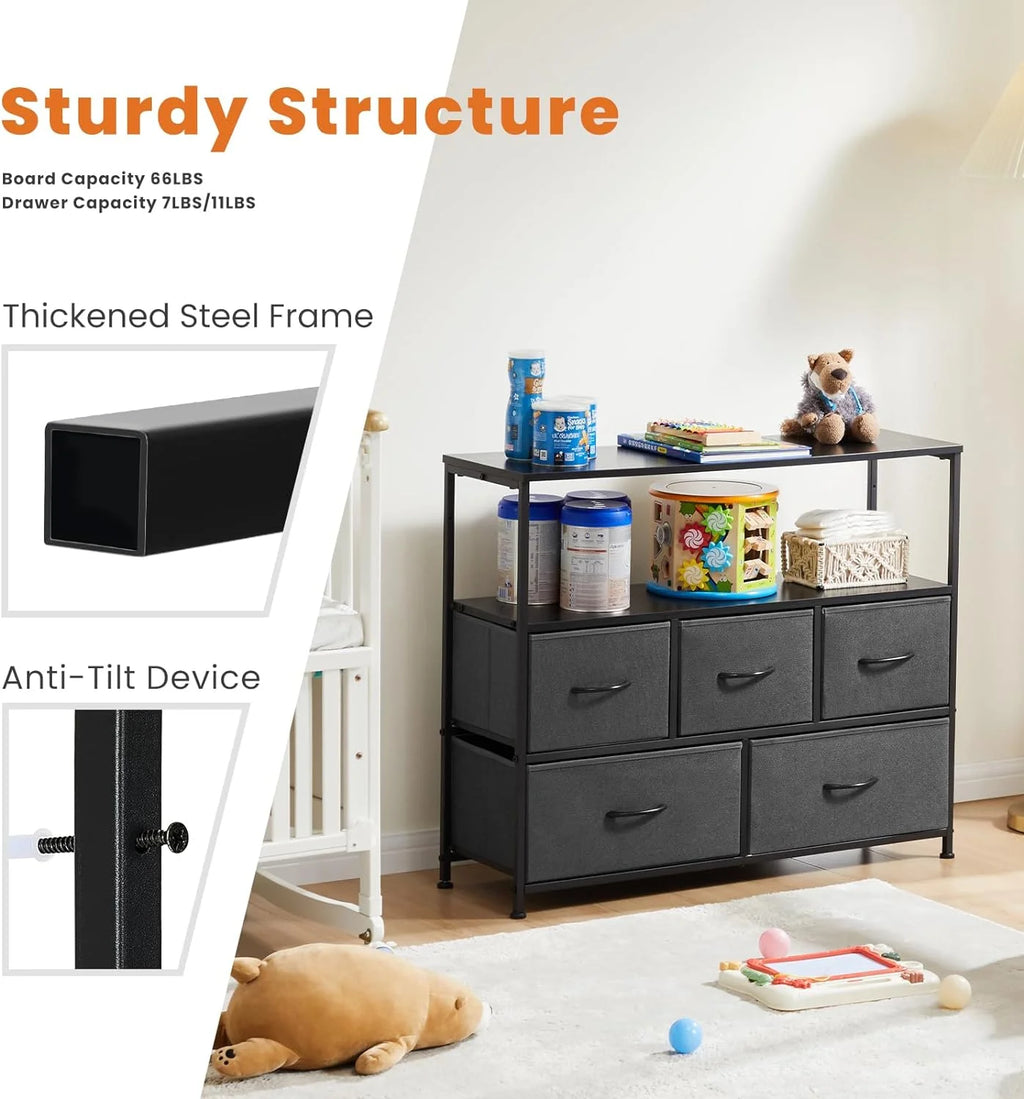 5 Fabric Drawer Dresser with Wood Top and Steel Frame B1491