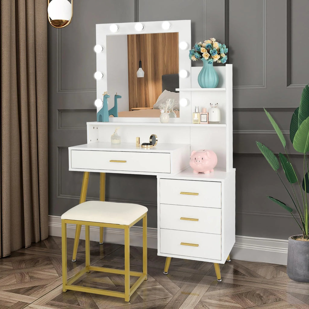 White Vanity Table Set with Lighted Mirror and 4 Drawers S97328