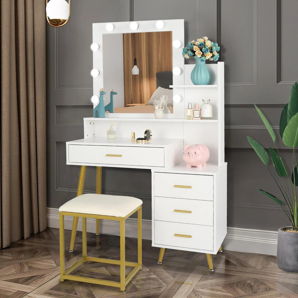 White Vanity Table Set with Lighted Mirror and 4 Drawers S97328