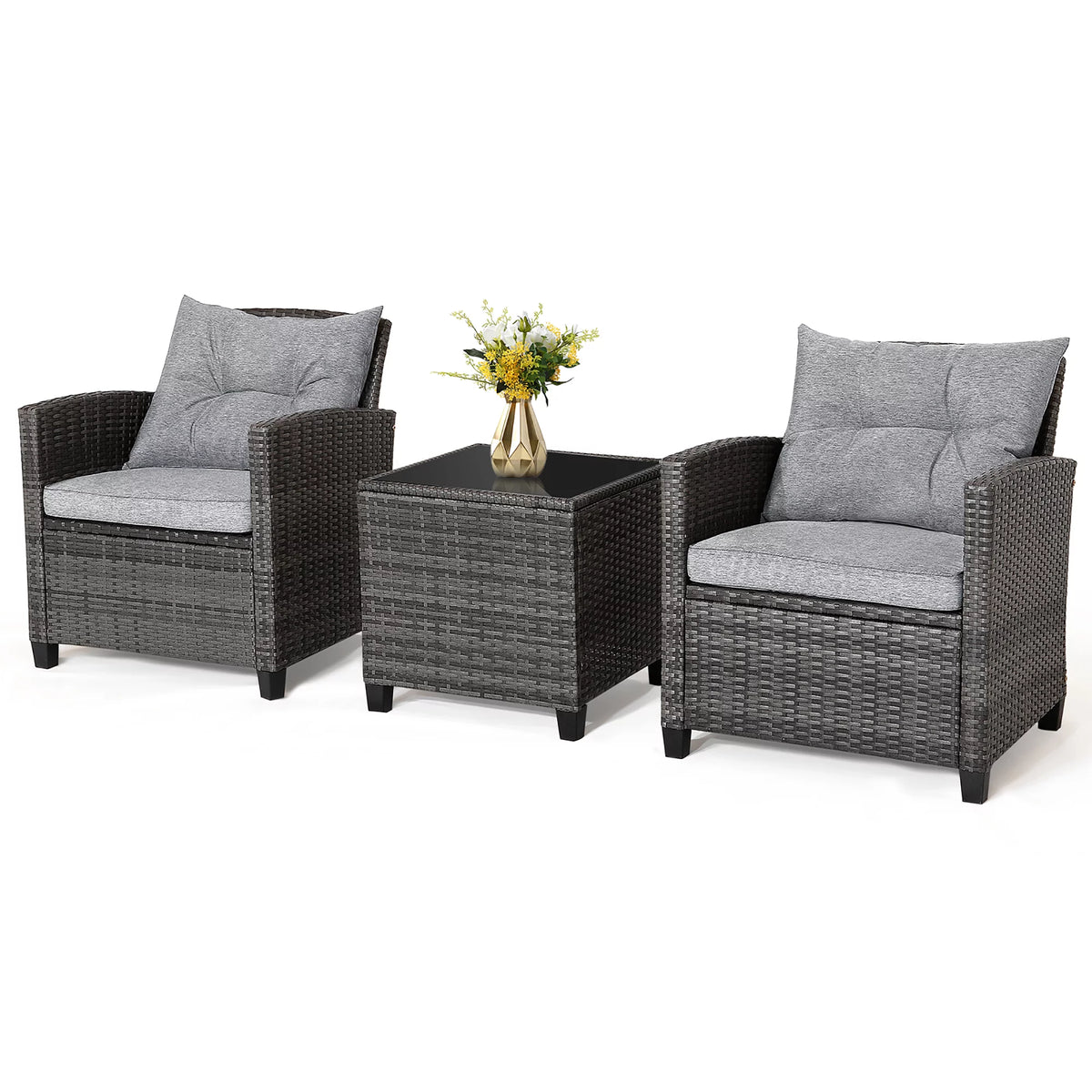 3 Pcs Patio Rattan Sofa Set with Grey Cushion K852849