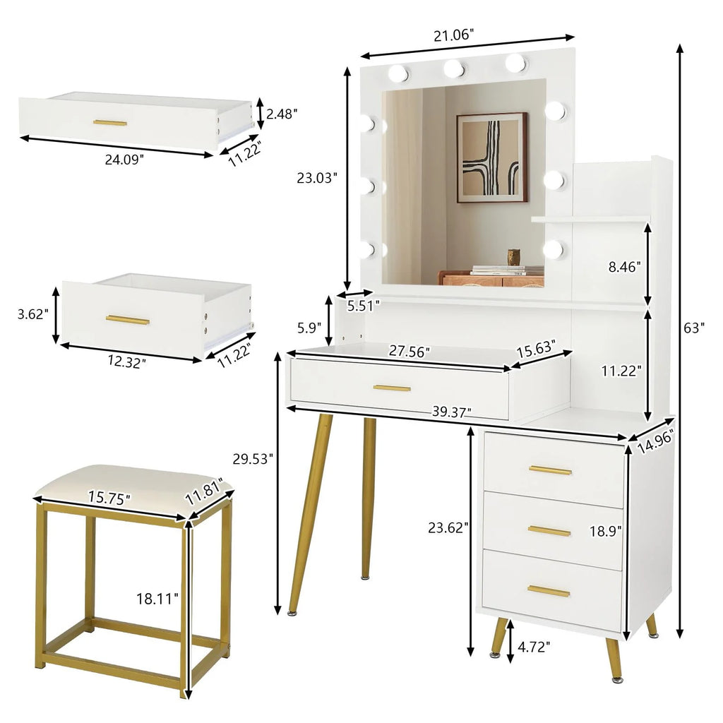 White Vanity Table Set with Lighted Mirror and 4 Drawers S97328