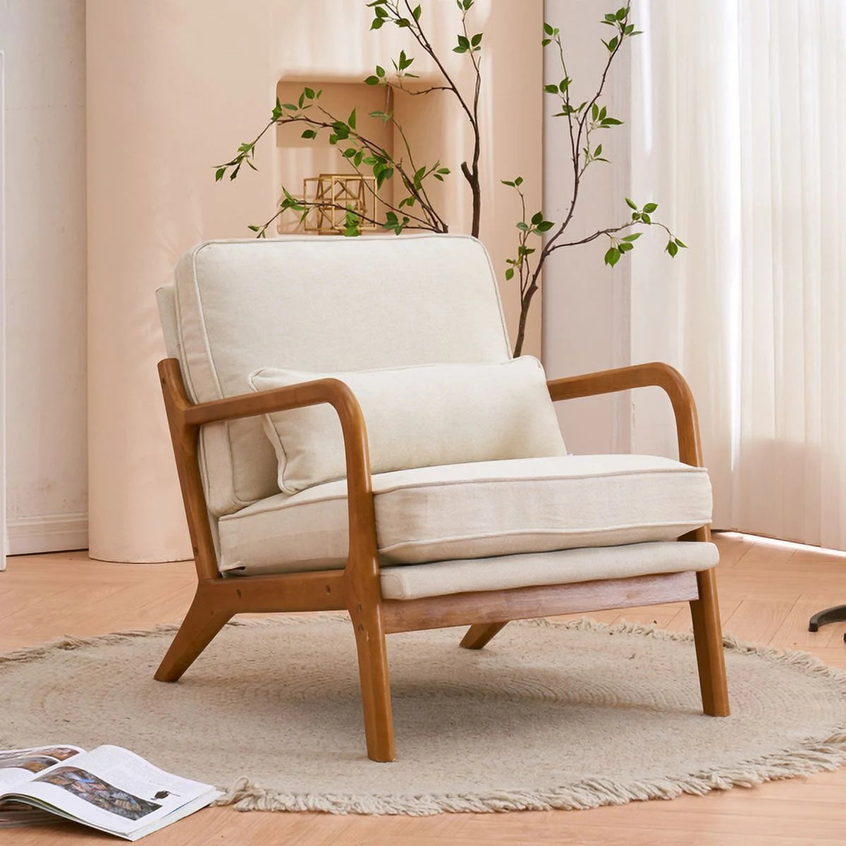 Beige Upholstered Wood Frame Accent Chair with Lumbar Pillow N524