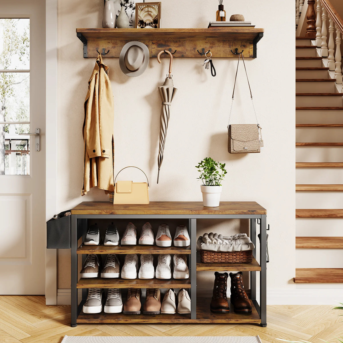 Hall Tree with Bench and Shoe Storage, 5 Hooks, Rustic Brown F3119