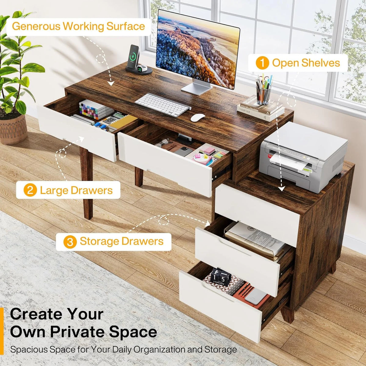 Modern Computer Desk with 5 Drawers, Reversible Study Writing Table, Brown & White K7458