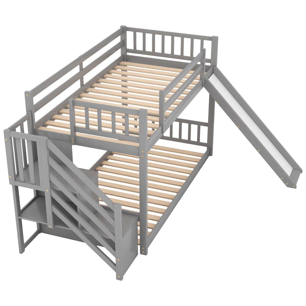 Gray Wood Twin over Twin Bunk Bed with Slide and Staircase J8787