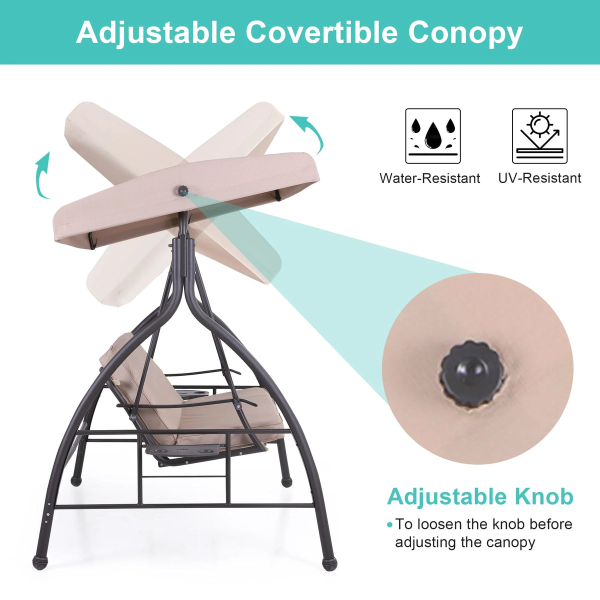 3-Seat Outdoor Converting Canopy Swing Glider Hammock with Foldable Side Table - Beige I5023