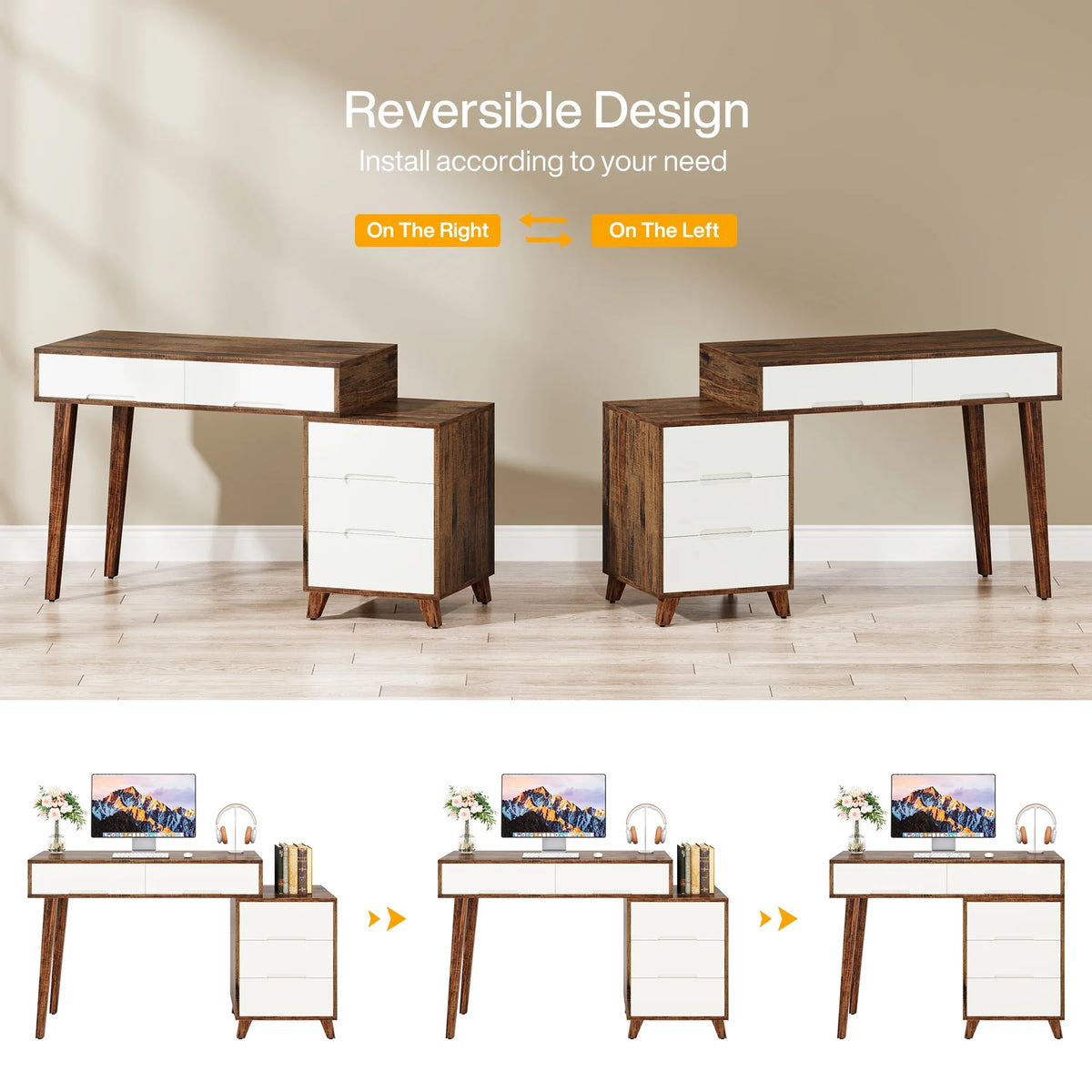 Modern Computer Desk with 5 Drawers, Reversible Study Writing Table, Brown & White K7458